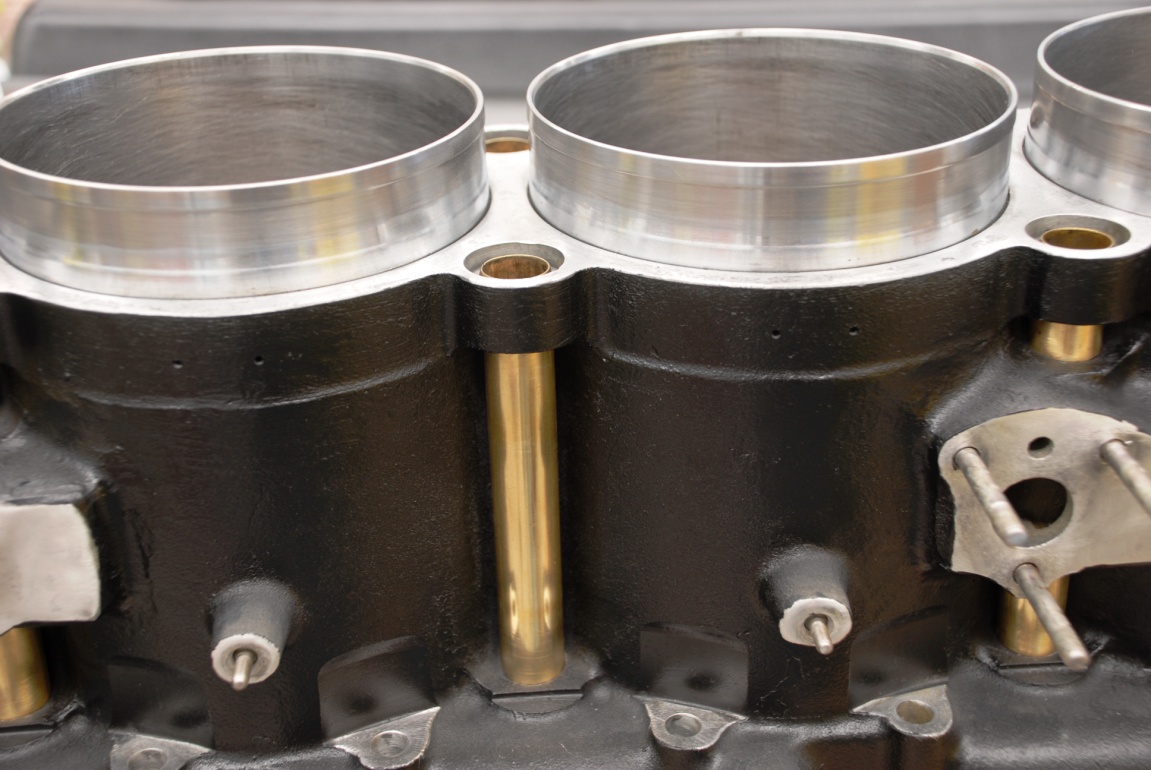 Polished and honed cylinders and brass coolant tubes contrast with the newly painted finish on the engine banks.