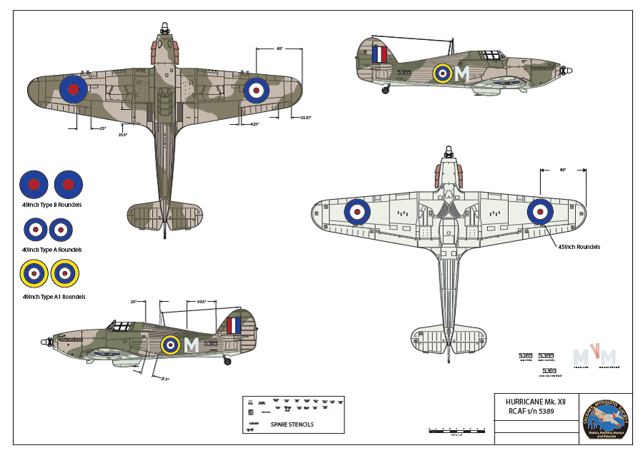 The three plan view of the colours and markings for the Hurricane, developed by Andy Woerle based on input from many sources.